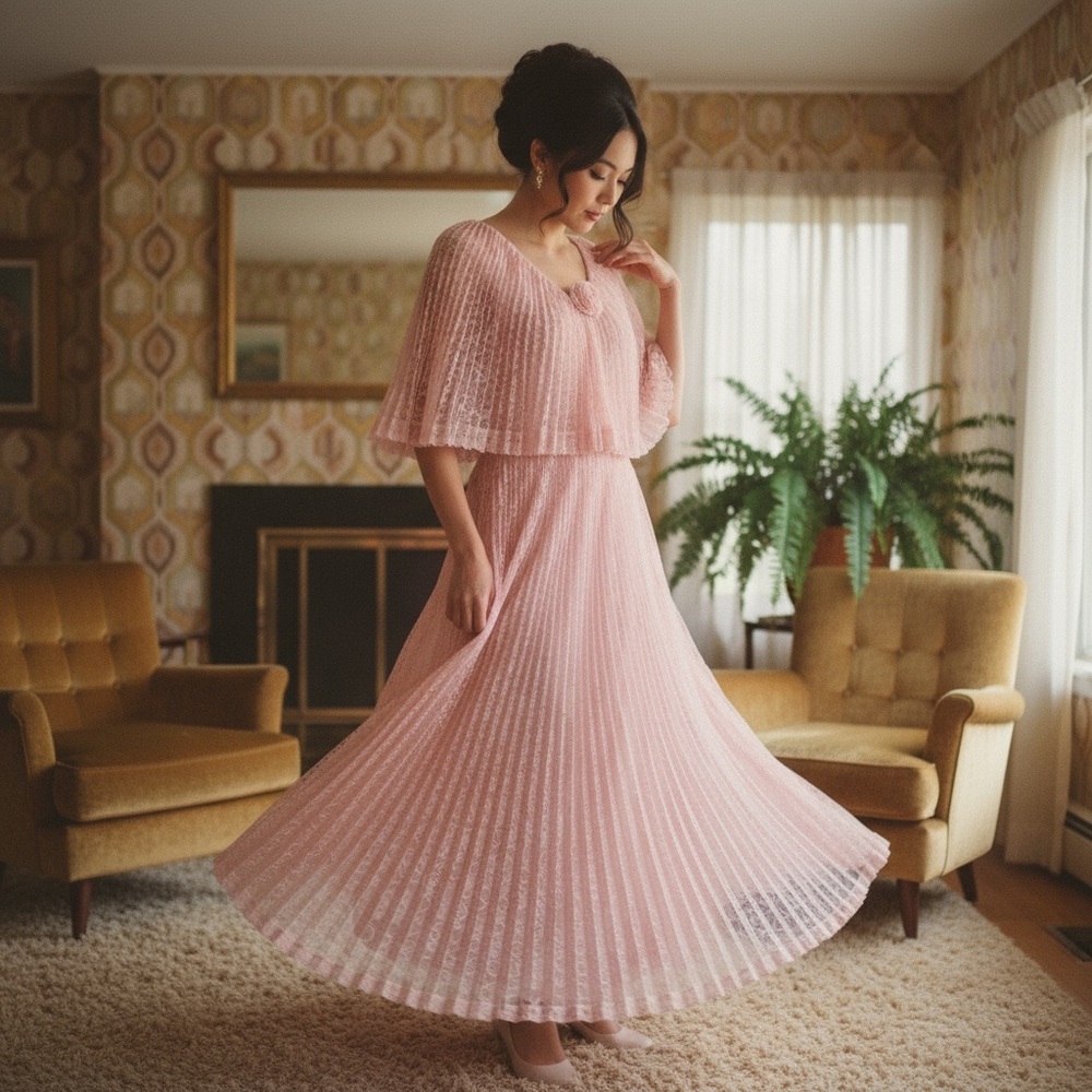 Vintage 50’s-60’s Pink Laced Caplet Evening Gown Accordion Pleated ILGWU Union